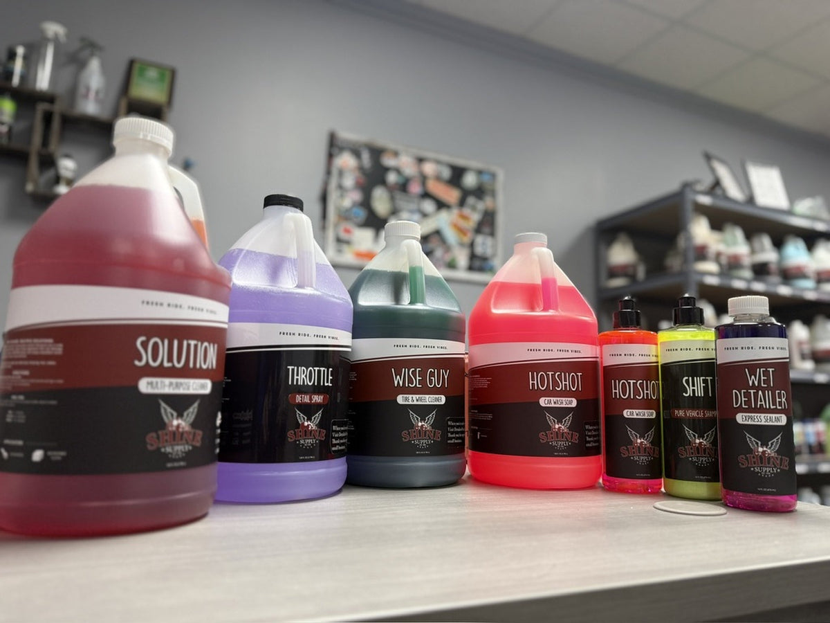 Shine Supply detailing chemical lineup on shelf