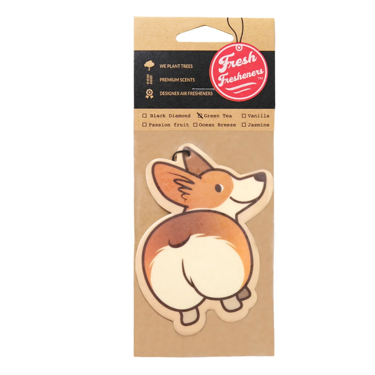 Corgi butt hanging air freshener, packaged