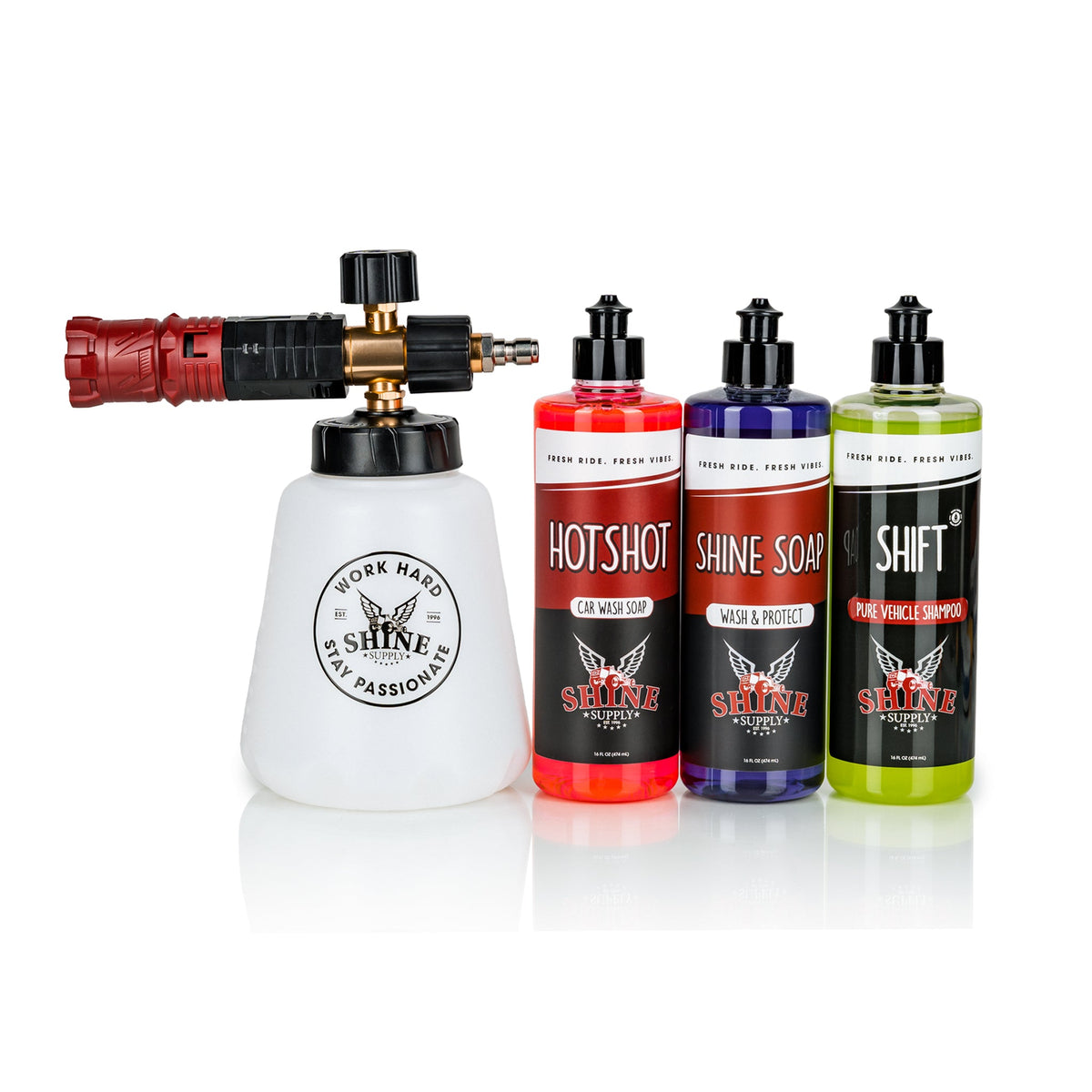 The Foam Thrower foam cannon with the free Shine Supply soap options: Hotshot, Shine Soap and Shift
