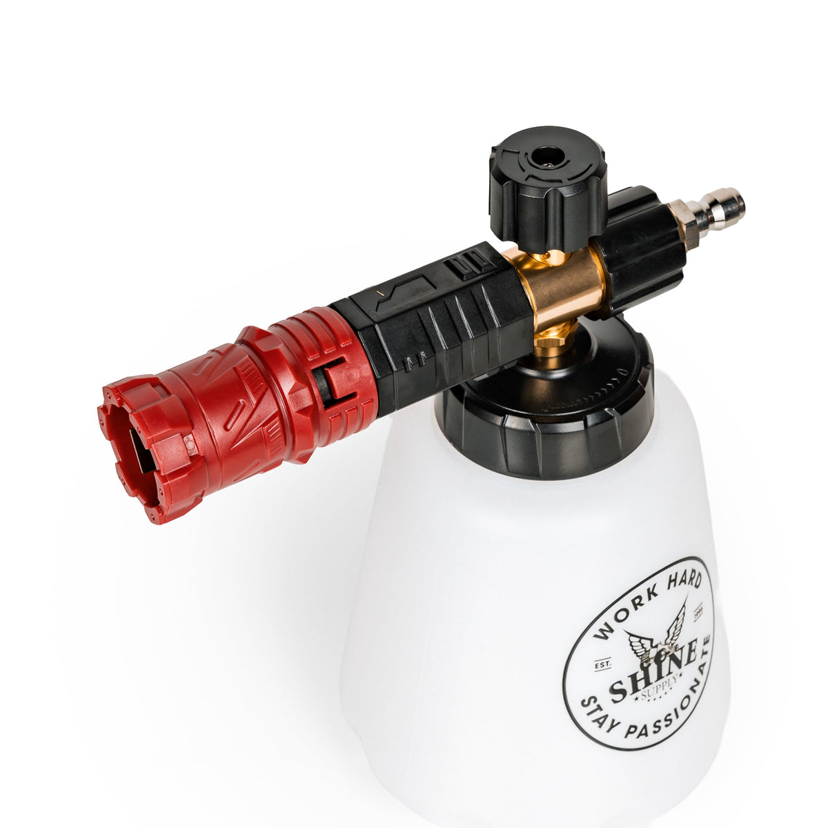 The Foam Thrower foam cannon angled view showing the brass adjustment valve and quick-connect fitting
