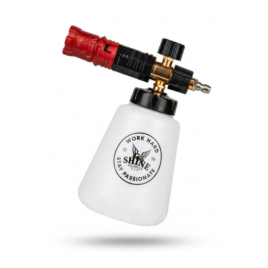 Shine Supply The Foam Thrower foam cannon with red adjustable nozzle and Shine Supply bottle