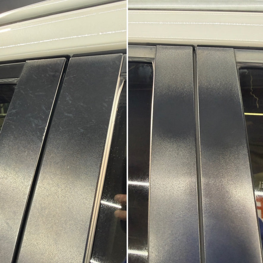 Window pillar before and after Burn Out reconditioning cream, dull matte black restored to a clean satin finish