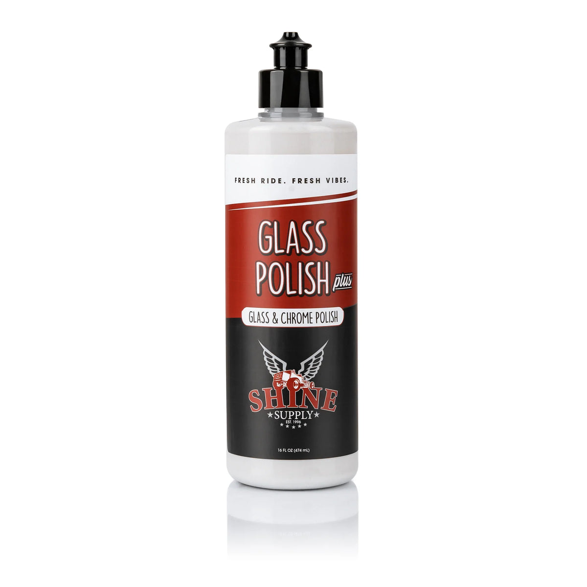 Shine Supply Glass Polish Plus bottle for removing water spots from glass and chrome