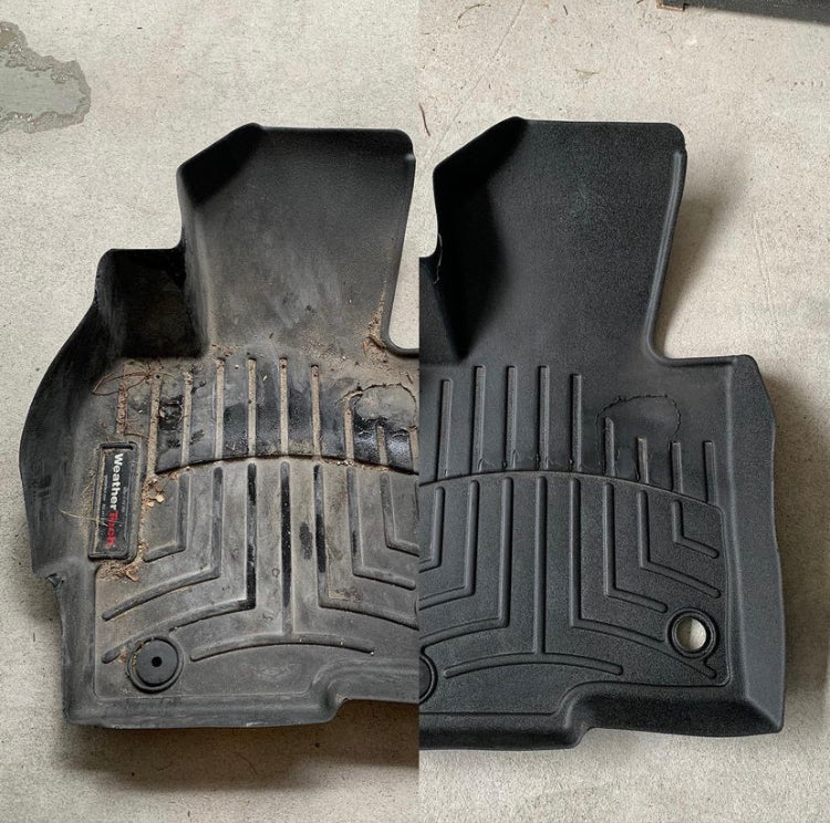 WeatherTech floor mat before and after cleaning with Clean n Shine